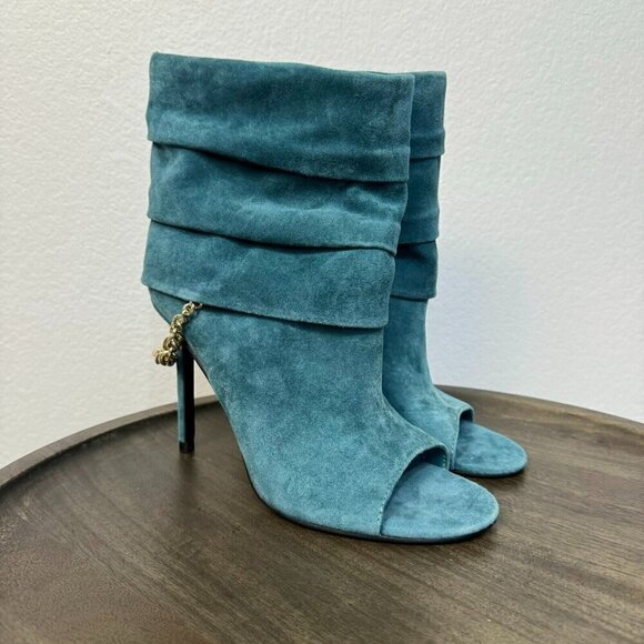 Guess Women's Gwadilee Peep Toe Dress Heeled Booties Chain Accent Teal Size 8M - Picture 1 of 11